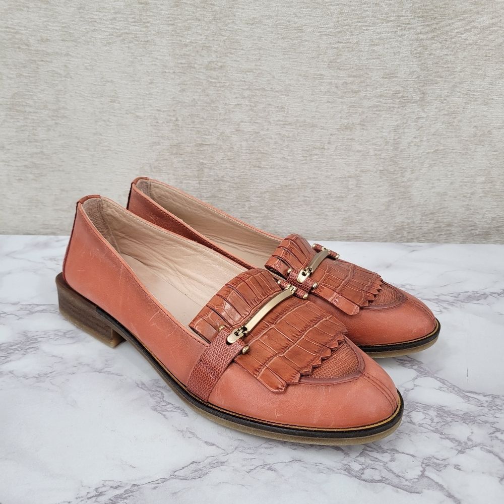 Hispanitas Leather Loafers Croc Embossed Kiltie Fringe in Terracotta